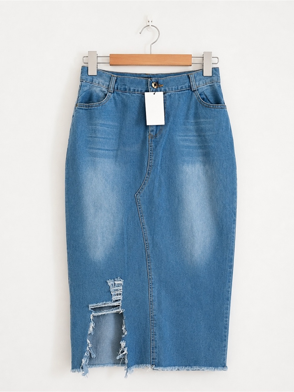 Regina Sloan Distressed Denim Pencil Midi Skirt High Rise Blue Size M